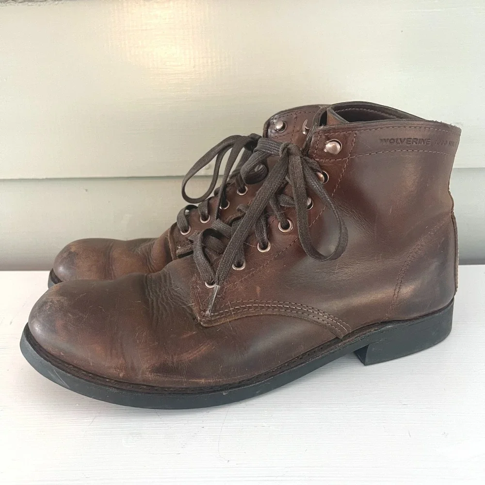 Wolverine 1000 Mile Plain Toe Boots Brown Men 10.5‎ D Leather Vibram Lace Up